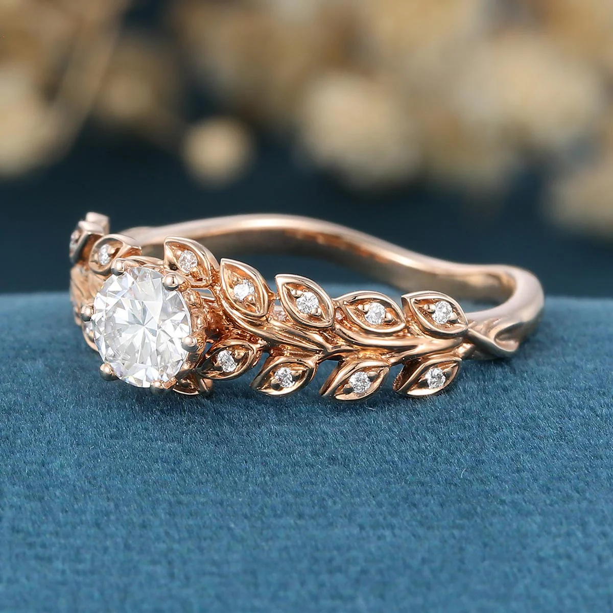 Nature Inspired Round cut Moissanite Leaf Gold Engagement Ring - Image 6