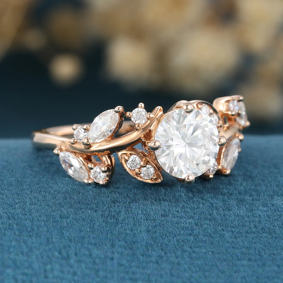 Nature Inspired Round cut Moissanite Leaf Gold Engagement Ring - Image 7
