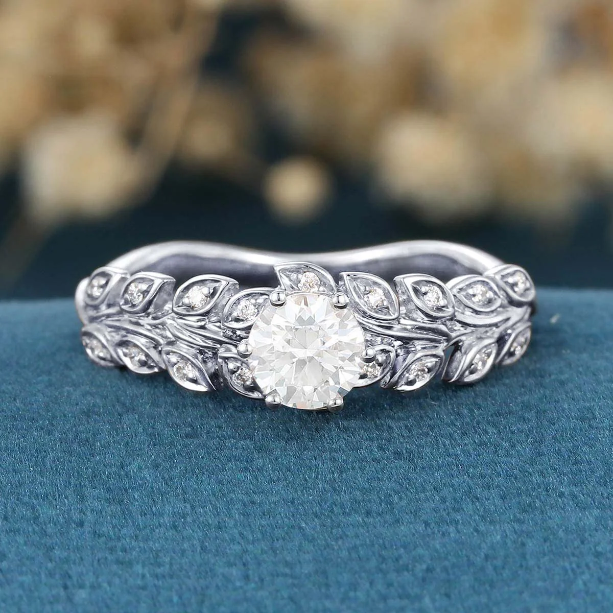 Nature Inspired Round cut Moissanite Leaf Gold Engagement Ring - Image 7