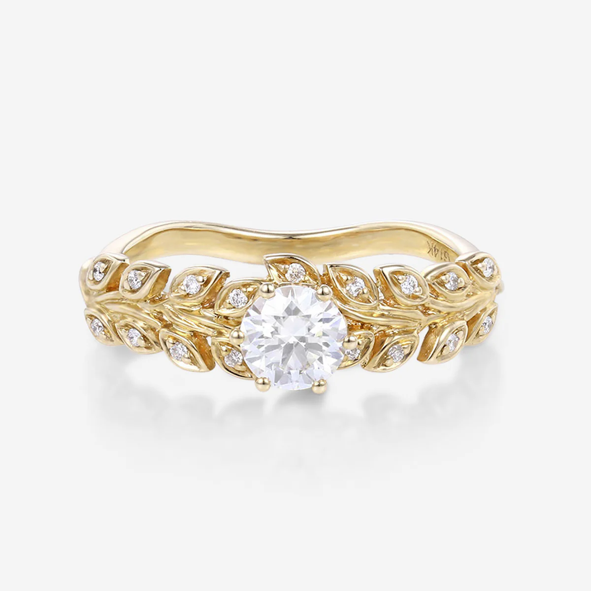 Nature Inspired Round cut Moissanite Leaf Gold Engagement Ring - Image 9