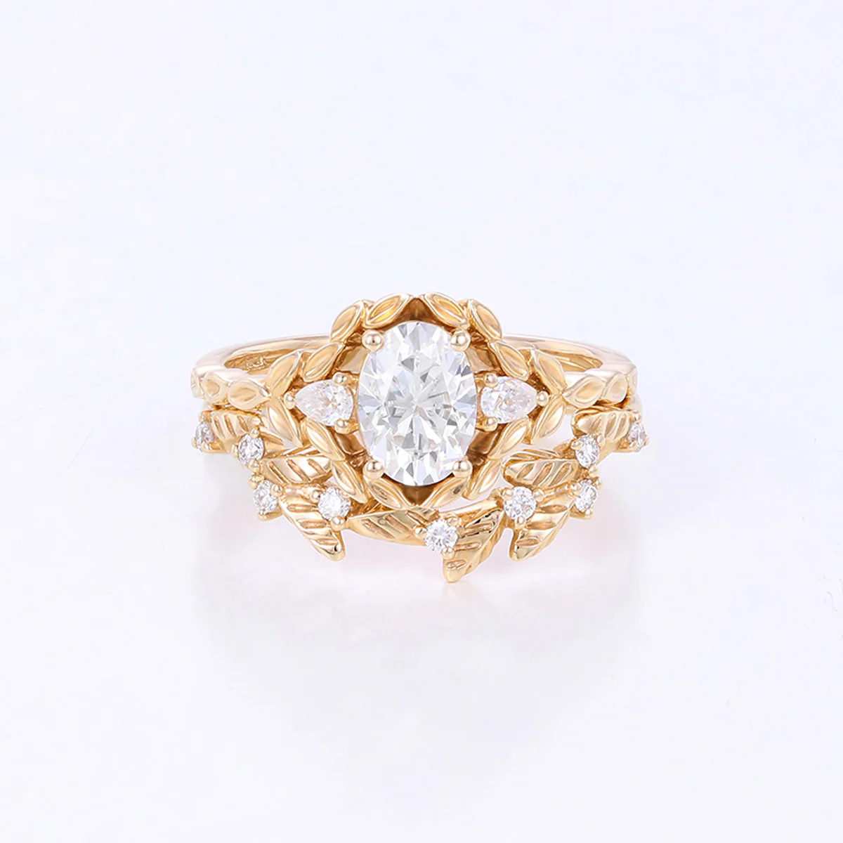 Nature Inspired Oval cut Moissanite Leaf Gold ring set - Image 10