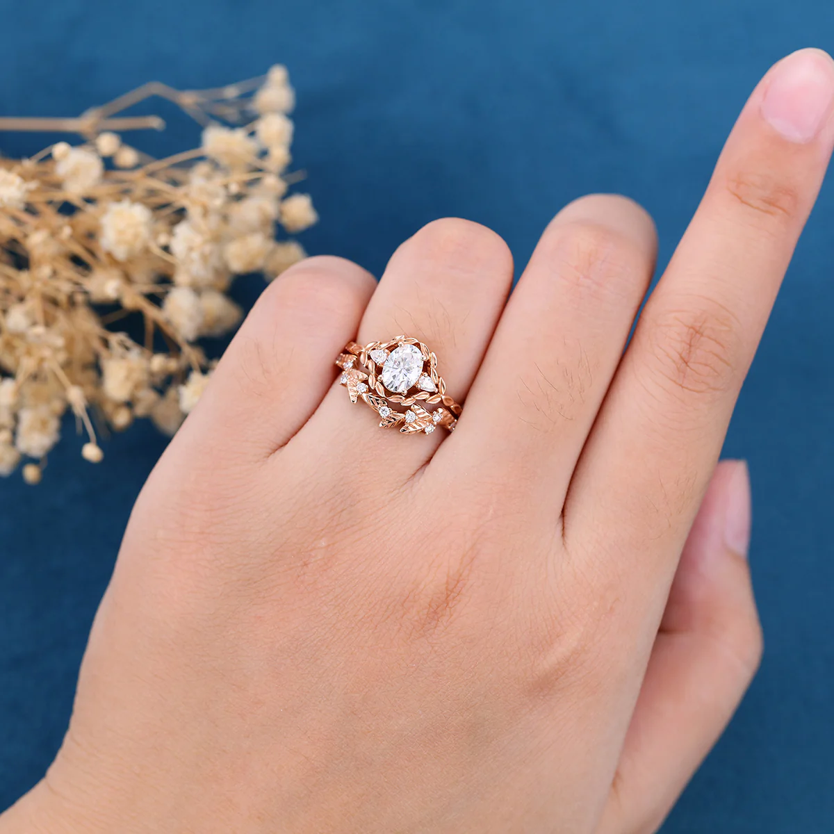Nature Inspired Oval cut Moissanite Leaf Gold ring set - Image 2