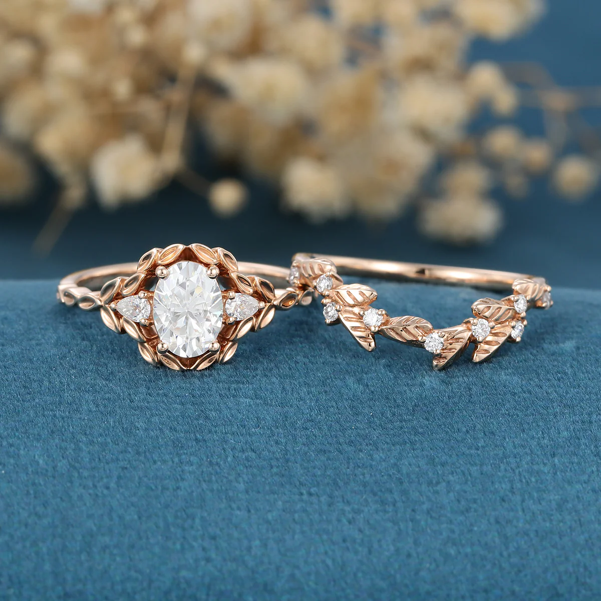 Nature Inspired Oval cut Moissanite Leaf Gold ring set - Image 3