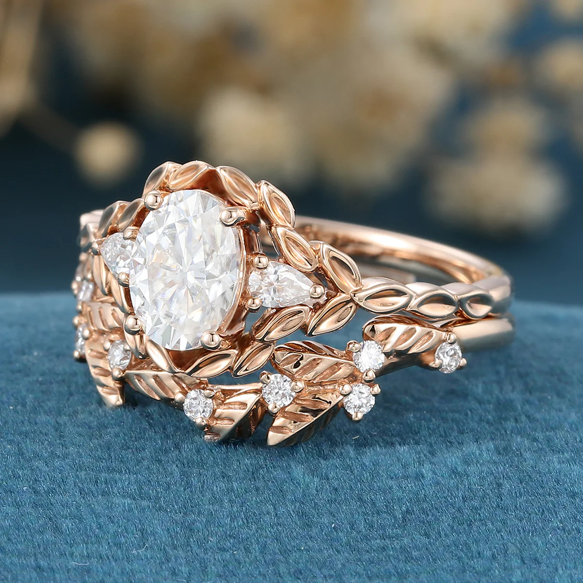 Nature Inspired Oval cut Moissanite Leaf Gold ring set - Image 5
