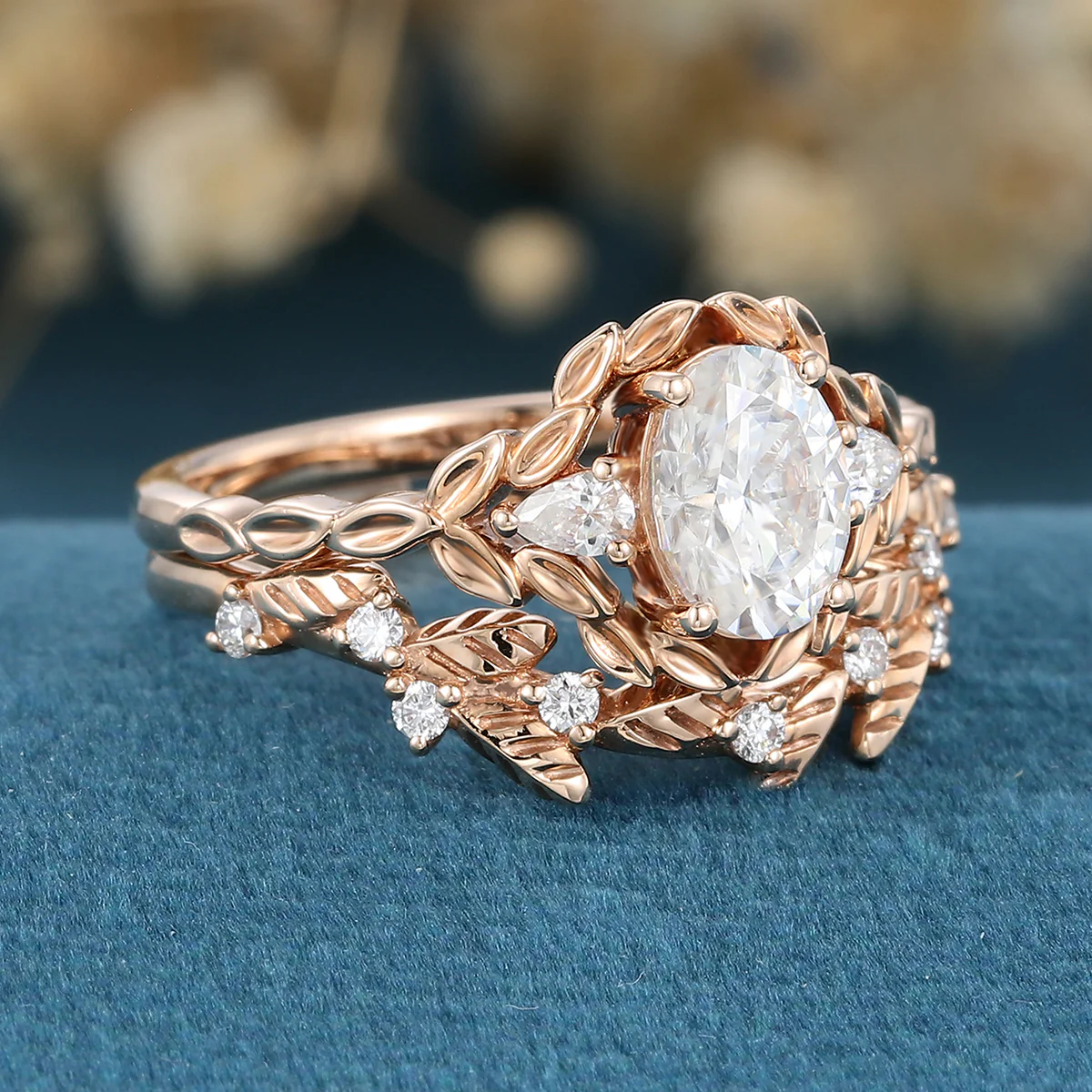 Nature Inspired Oval cut Moissanite Leaf Gold ring set - Image 6