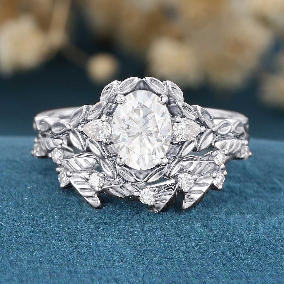 Nature Inspired Oval cut Moissanite Leaf Gold ring set - Image 7