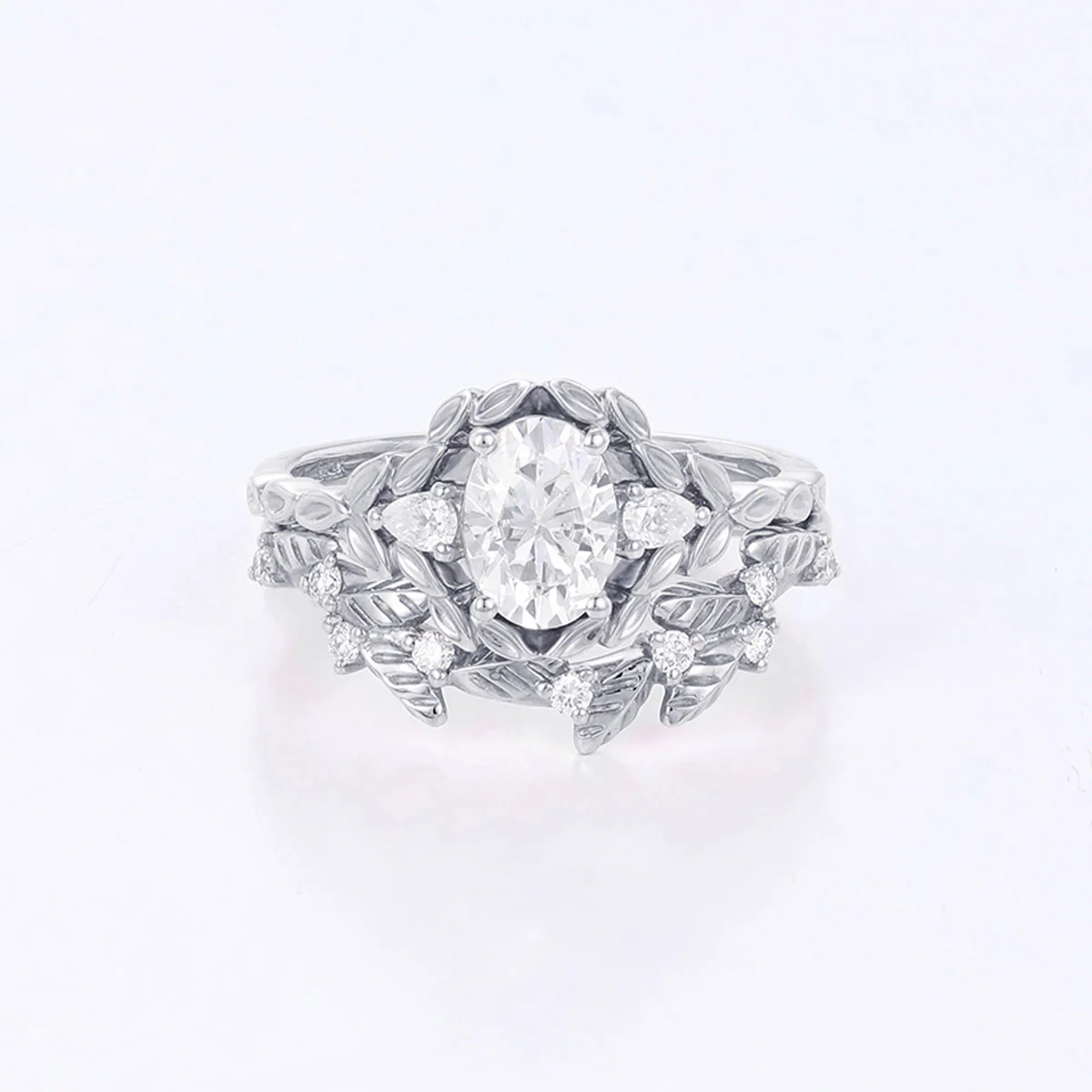 Nature Inspired Oval cut Moissanite Leaf Gold ring set - Image 8