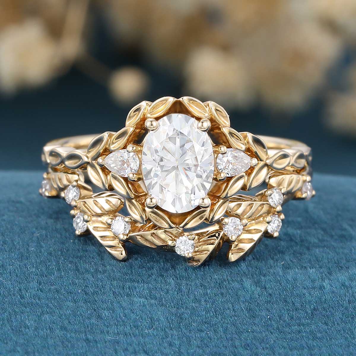 Nature Inspired Oval cut Moissanite Leaf Gold ring set - Image 9