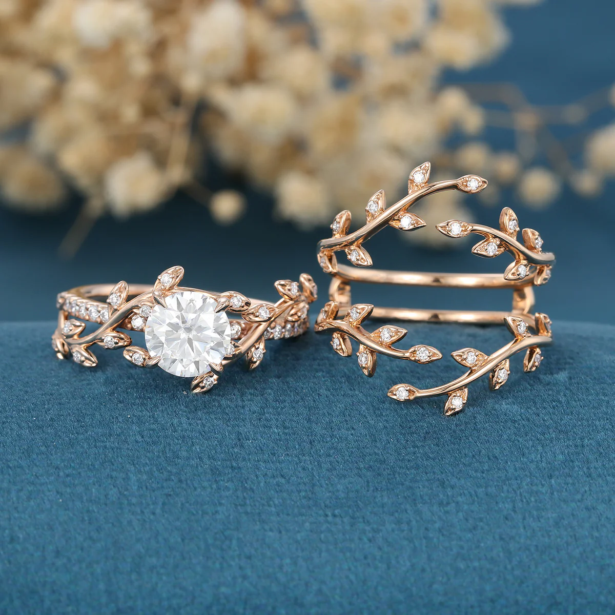 Nature Inspired Round cut Moissanite Leaf Gold ring set - Image 2