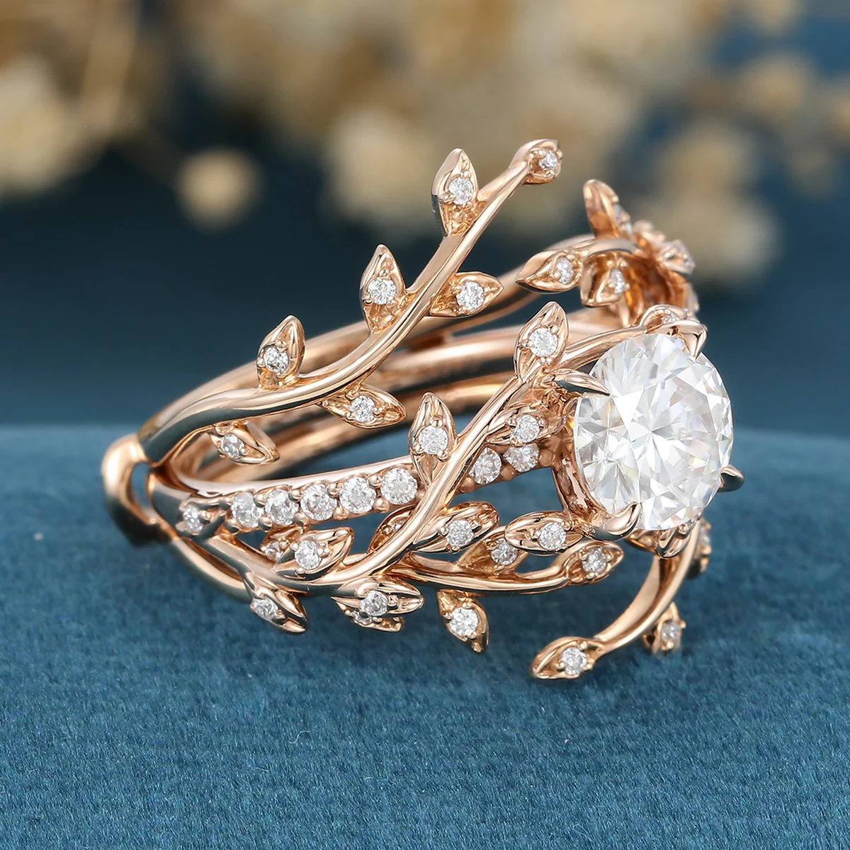Nature Inspired Round cut Moissanite Leaf Gold ring set - Image 4