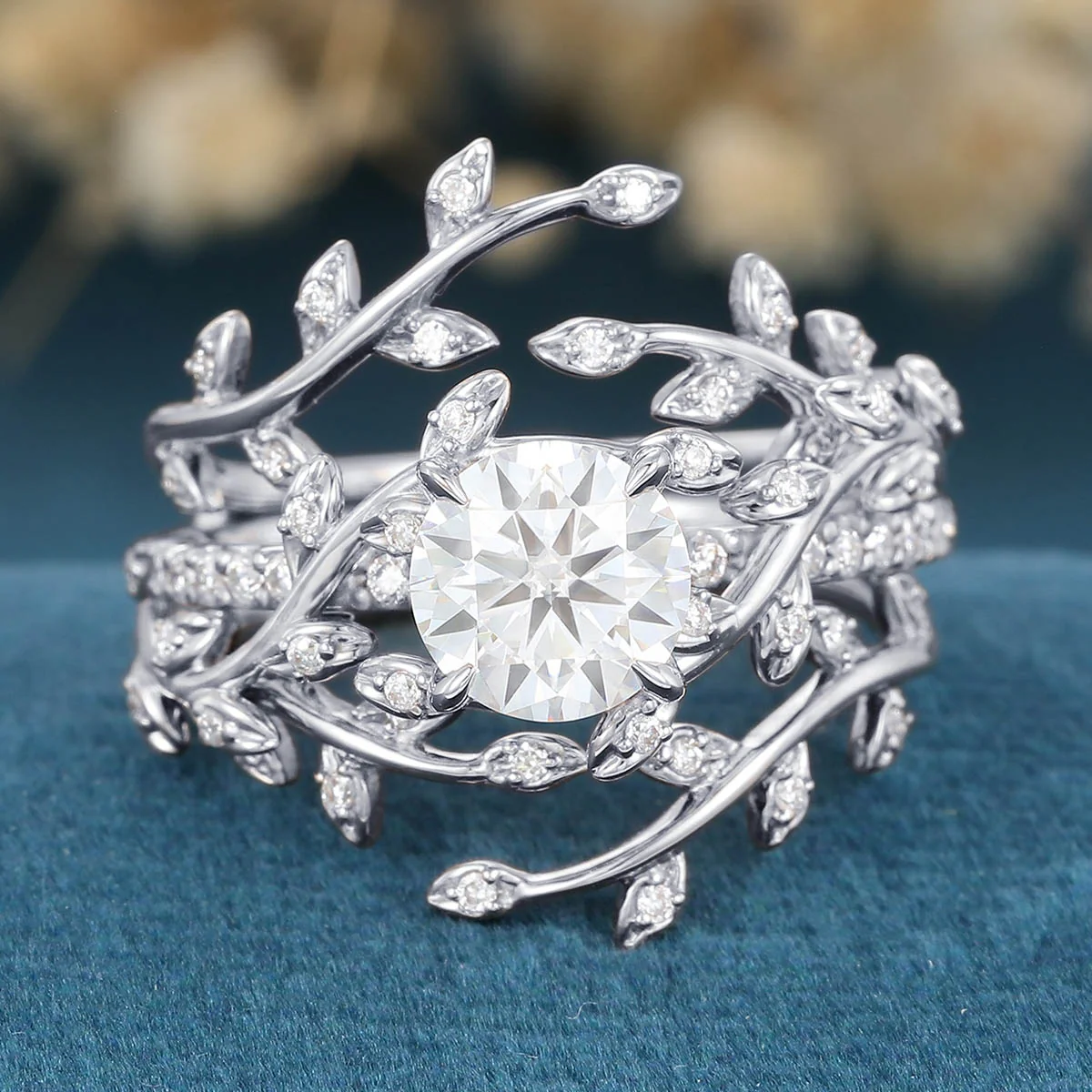 Nature Inspired Round cut Moissanite Leaf Gold ring set - Image 7