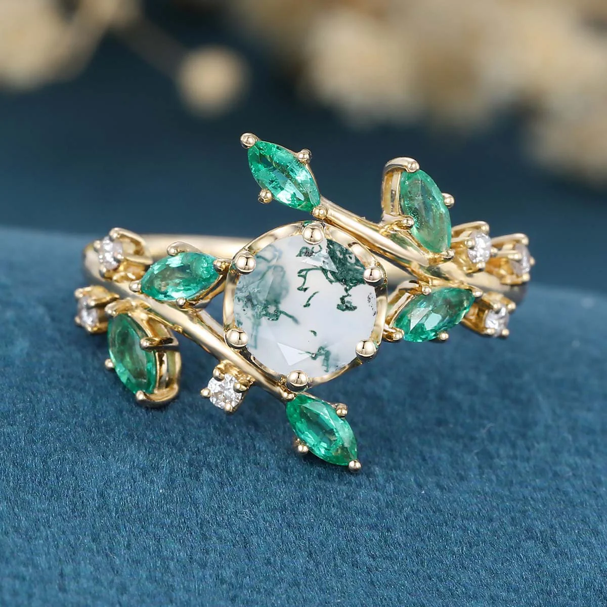 Nature Inspired Round cut Moss Agate cluster Gold Engagement Ring - Image 10
