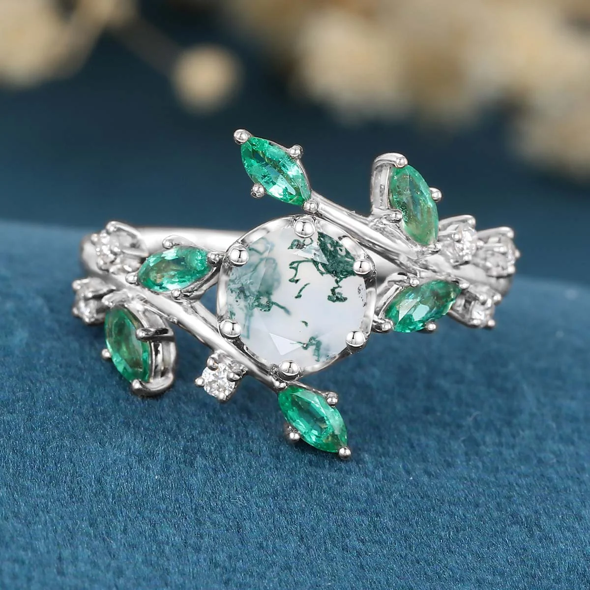 Nature Inspired Round cut Moss Agate cluster Gold Engagement Ring - Image 11