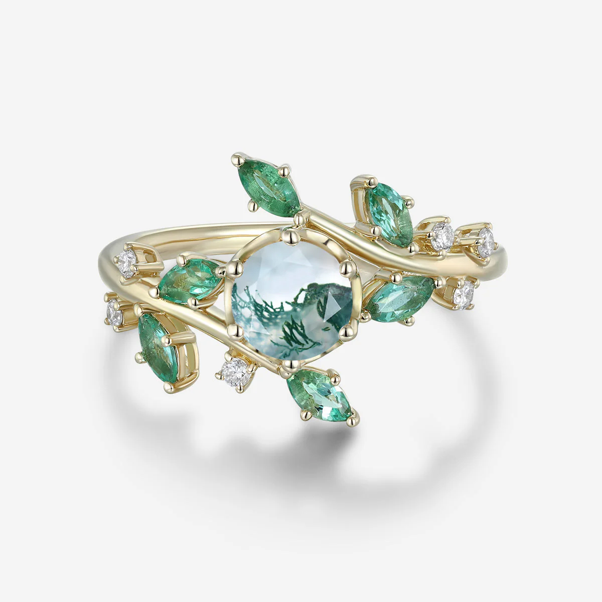 Nature Inspired Round cut Moss Agate cluster Gold Engagement Ring - Image 3