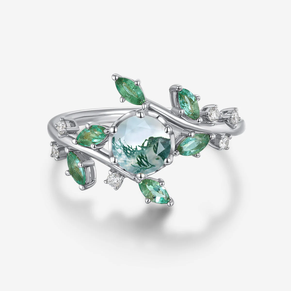 Nature Inspired Round cut Moss Agate cluster Gold Engagement Ring - Image 4