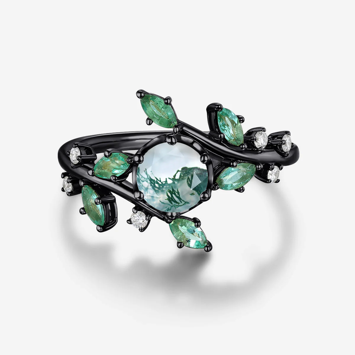Nature Inspired Round cut Moss Agate cluster Gold Engagement Ring - Image 5