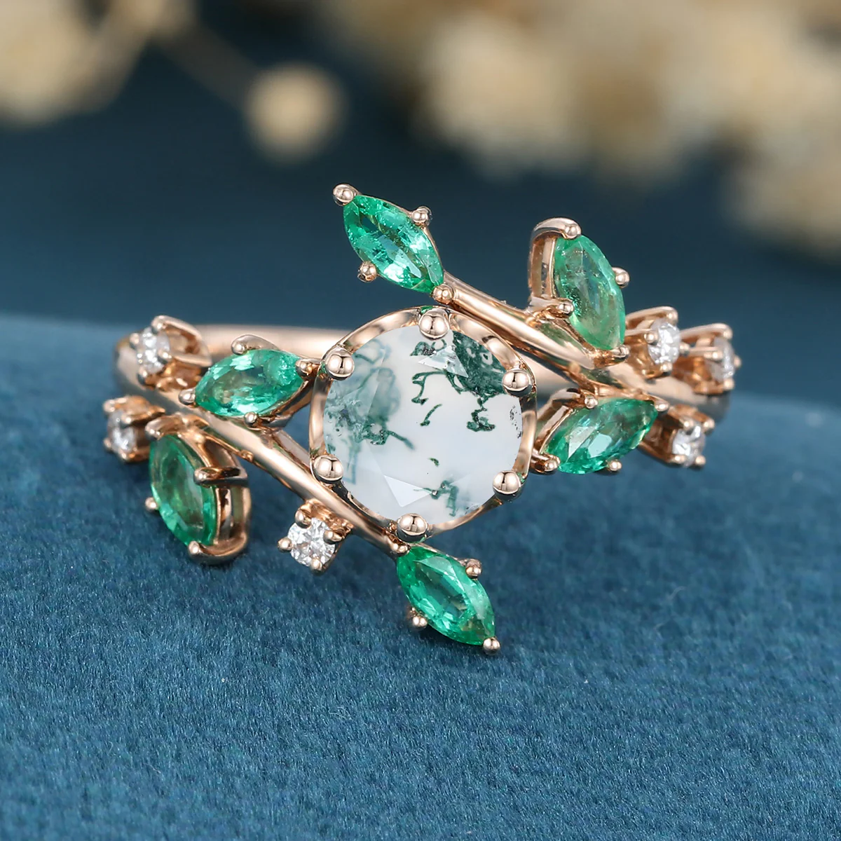 Nature Inspired Round cut Moss Agate cluster Gold Engagement Ring - Image 6