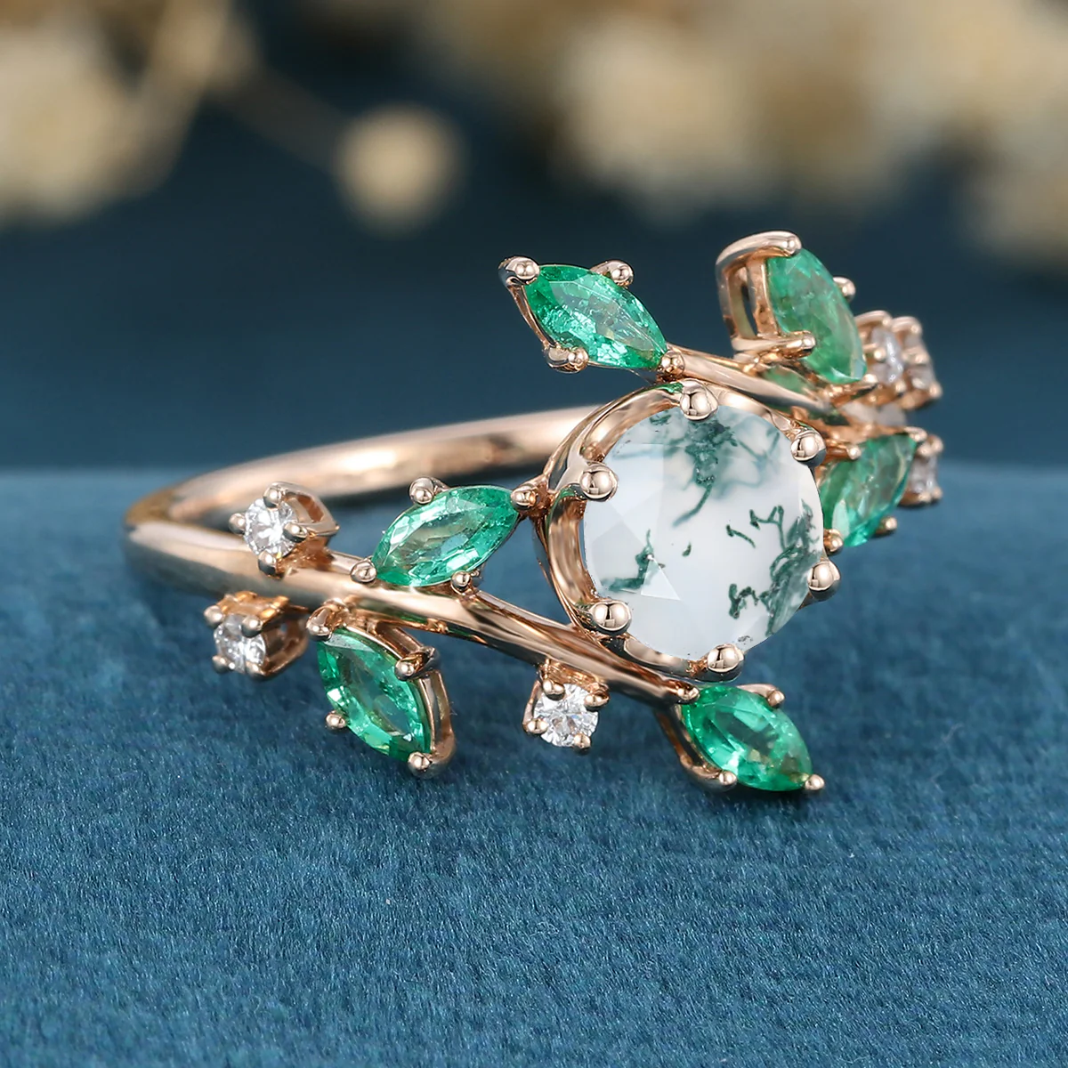 Nature Inspired Round cut Moss Agate cluster Gold Engagement Ring - Image 7