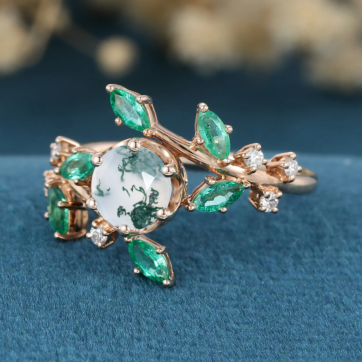 Nature Inspired Round cut Moss Agate cluster Gold Engagement Ring - Image 8