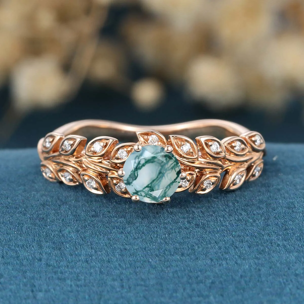 Nature Inspired Round cut Moss Agate Leaf Gold Engagement Ring - Image 3