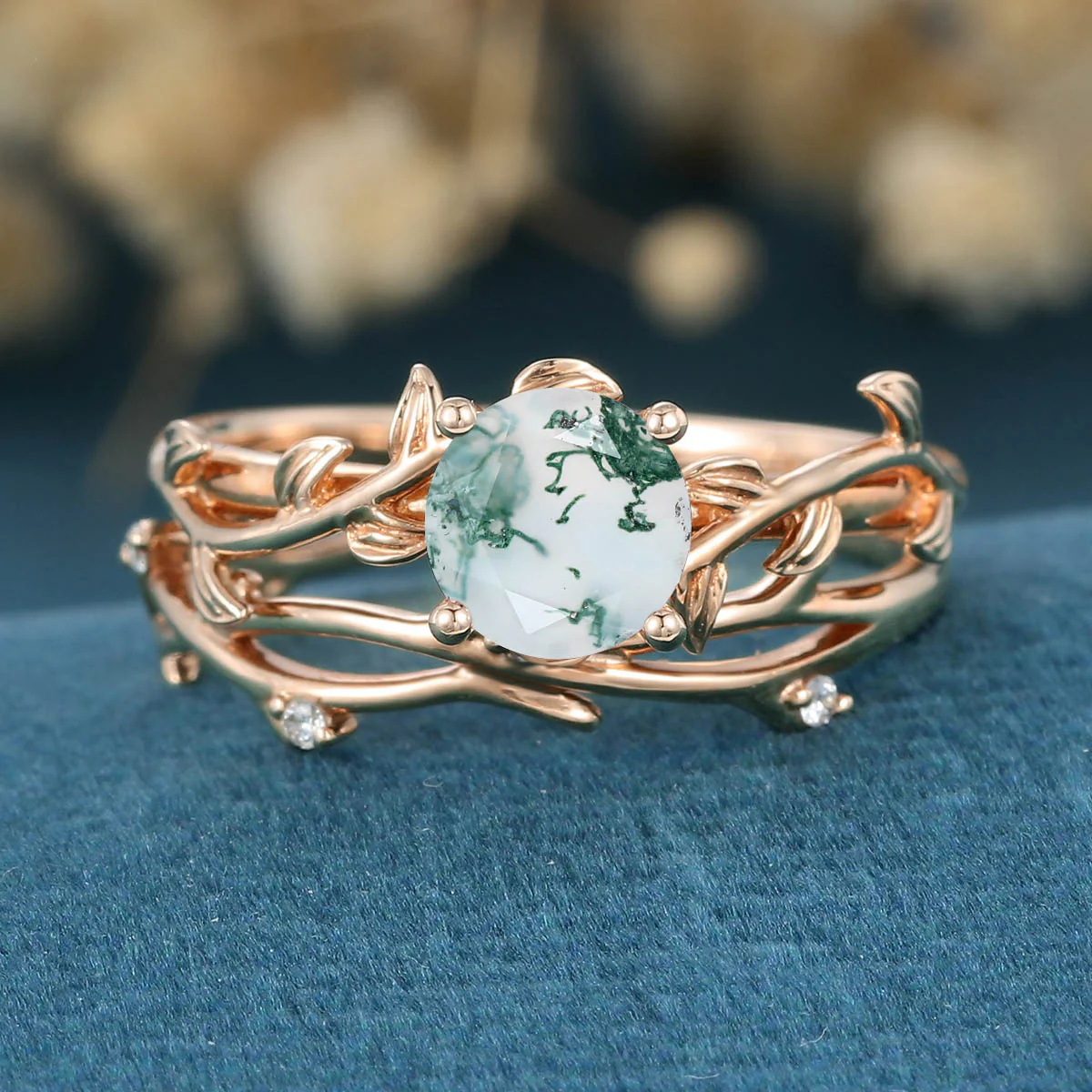 Nature Inspired Round cut Moss Agate Leaf Gold ring set - Image 10