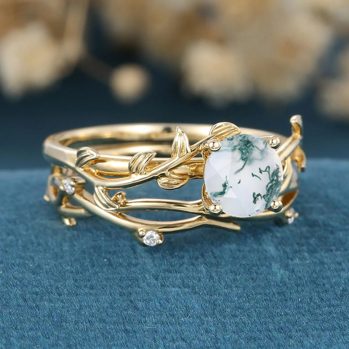 Nature Inspired Round cut Moss Agate Leaf Gold ring set - Image 4