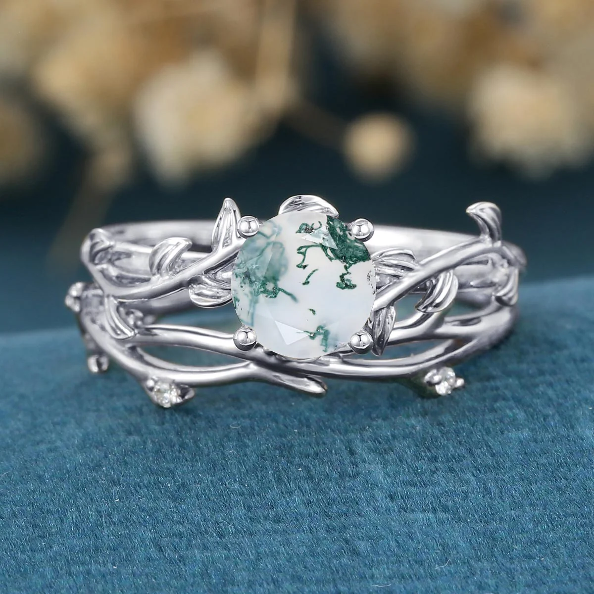 Nature Inspired Round cut Moss Agate Leaf Gold ring set - Image 9