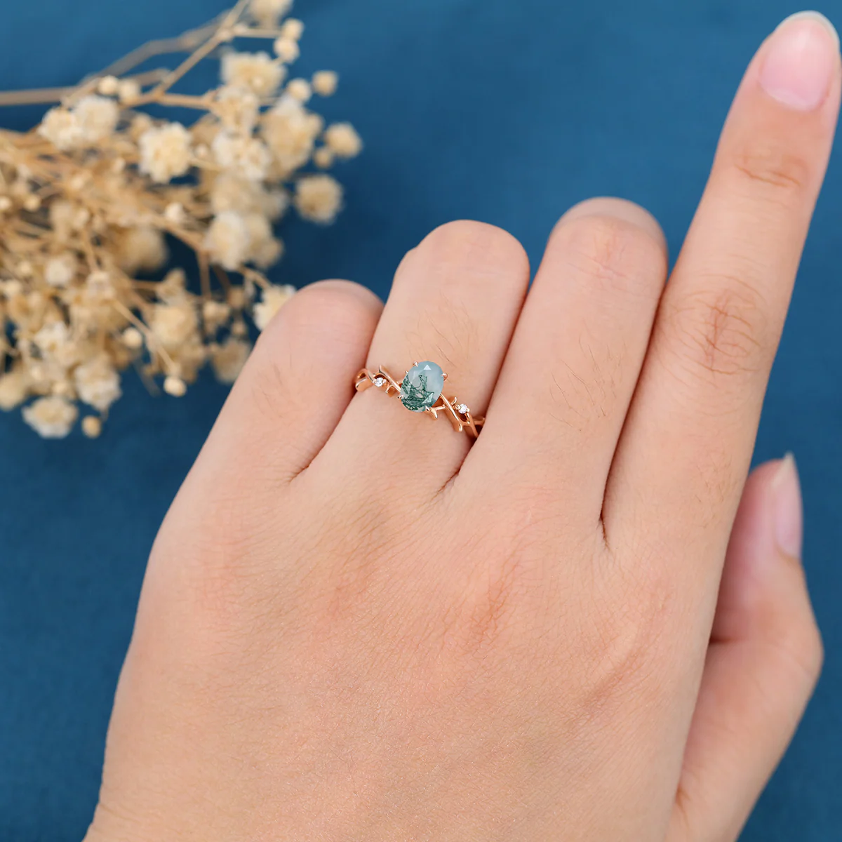 Nature Inspired Oval cut Moss Agate Matching Moissanite | Diamonds twig Gold Engagement Ring - Image 2