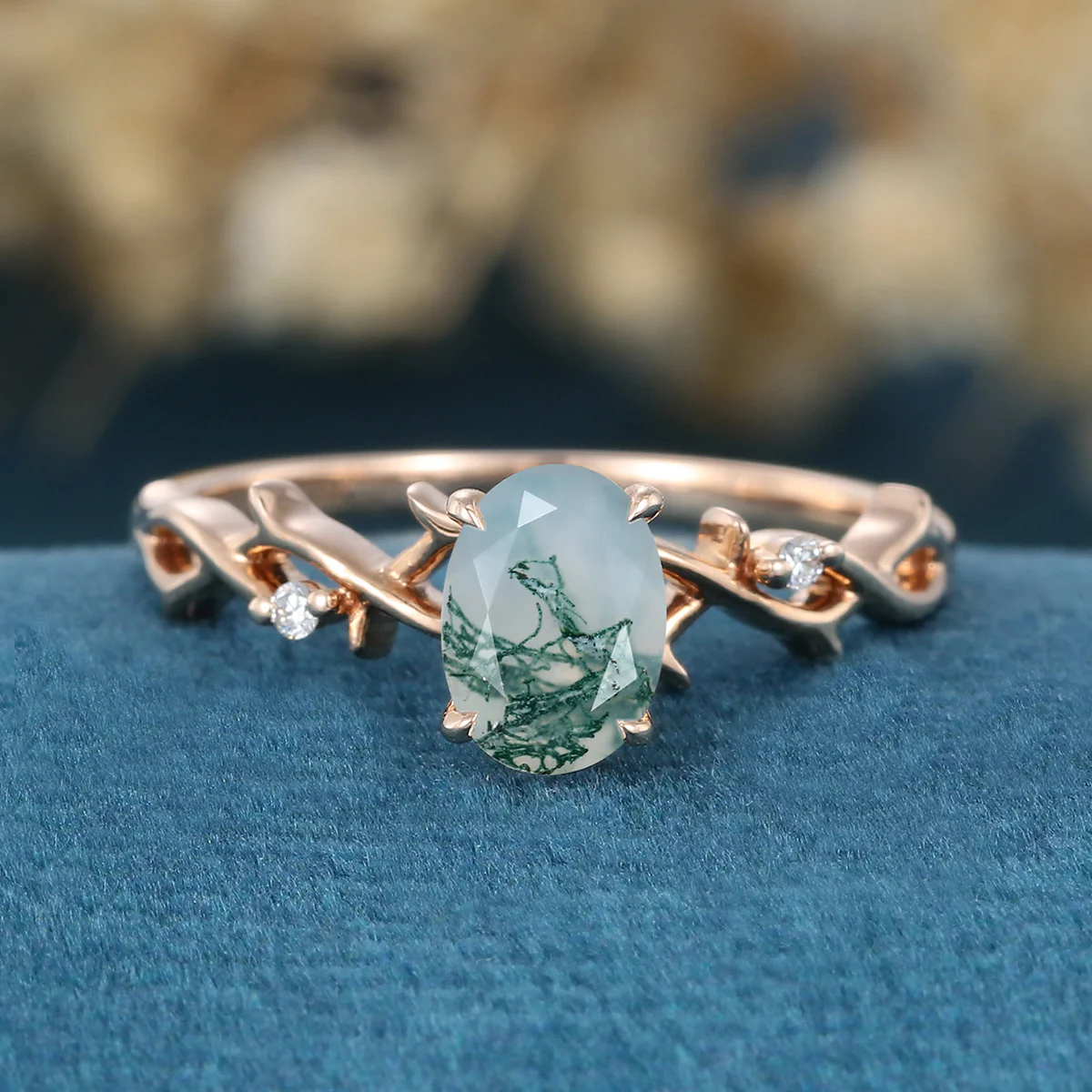 Nature Inspired Oval cut Moss Agate Matching Moissanite | Diamonds twig Gold Engagement Ring - Image 3