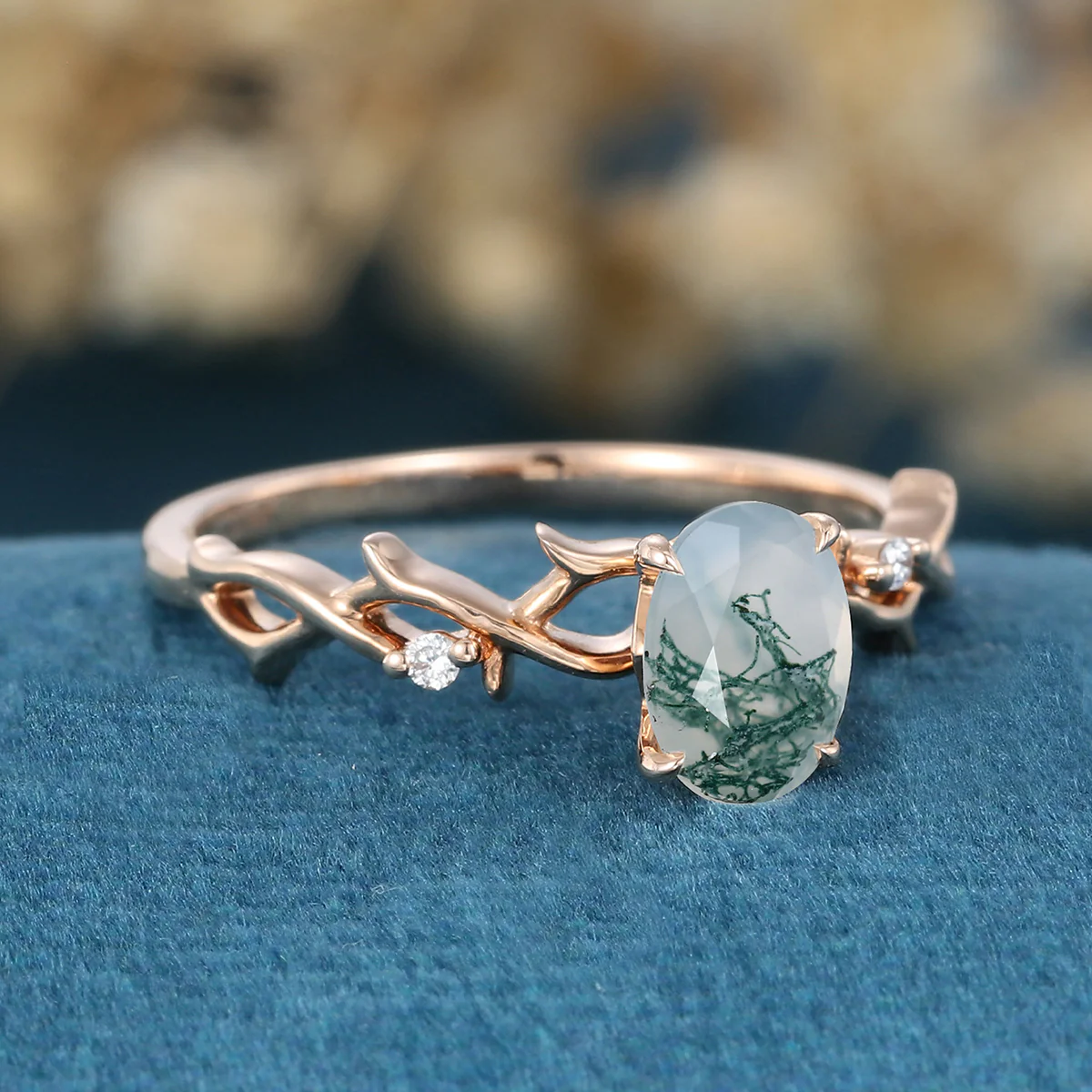 Nature Inspired Oval cut Moss Agate Matching Moissanite | Diamonds twig Gold Engagement Ring - Image 4
