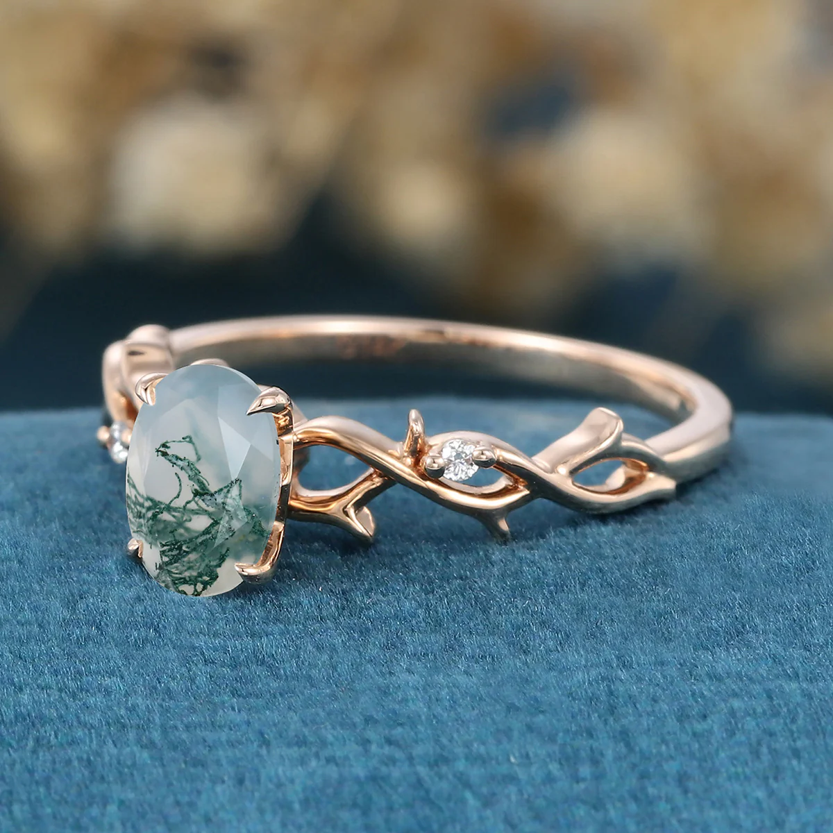 Nature Inspired Oval cut Moss Agate Matching Moissanite | Diamonds twig Gold Engagement Ring - Image 5