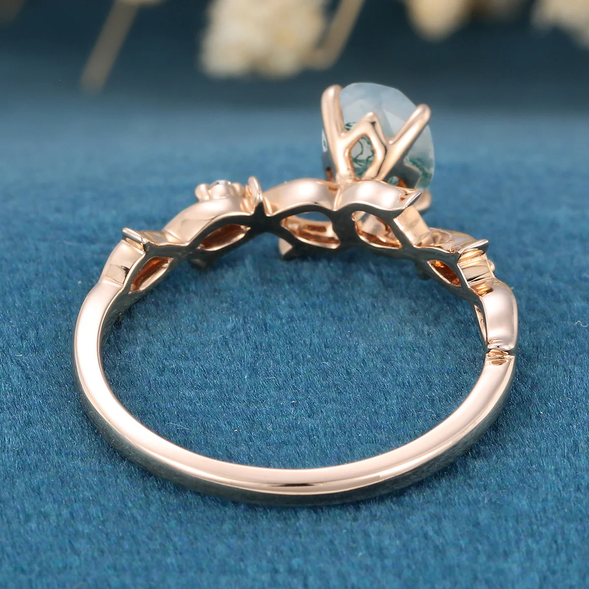 Nature Inspired Oval cut Moss Agate Matching Moissanite | Diamonds twig Gold Engagement Ring - Image 6