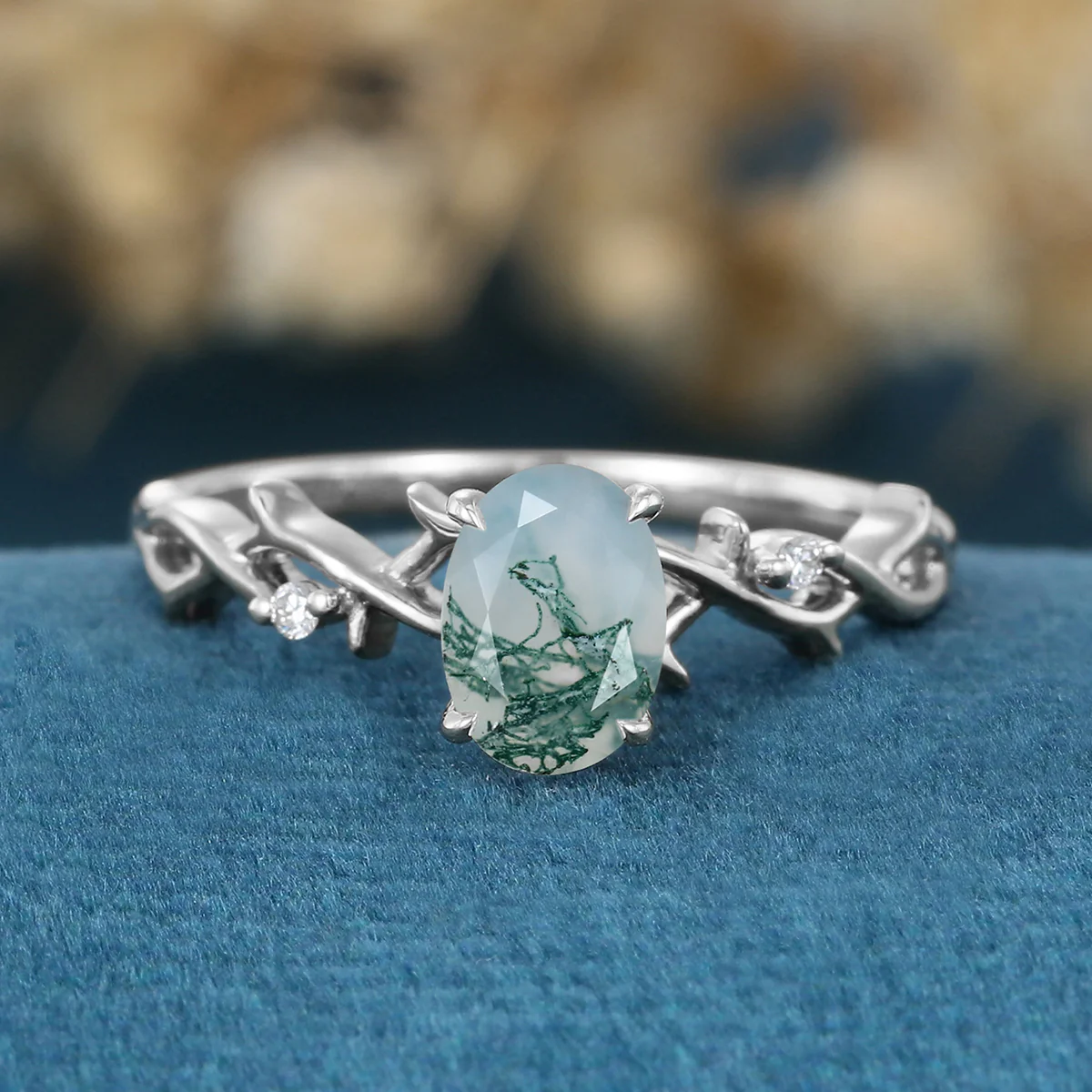 Nature Inspired Oval cut Moss Agate Matching Moissanite | Diamonds twig Gold Engagement Ring - Image 7