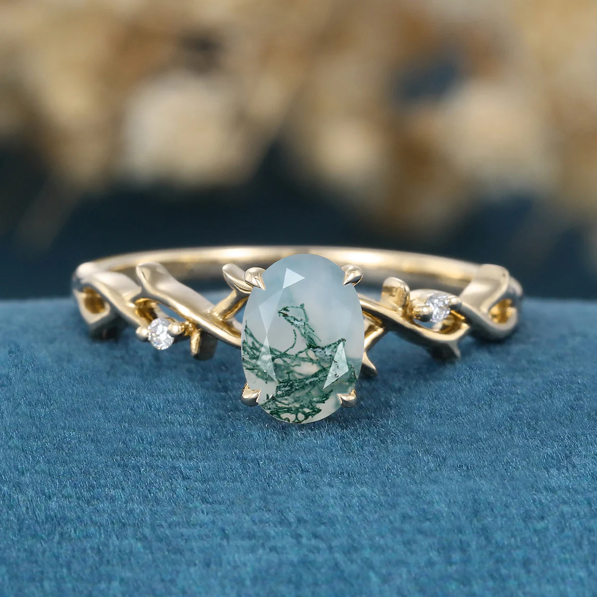 Nature Inspired Oval cut Moss Agate Matching Moissanite | Diamonds twig Gold Engagement Ring - Image 8