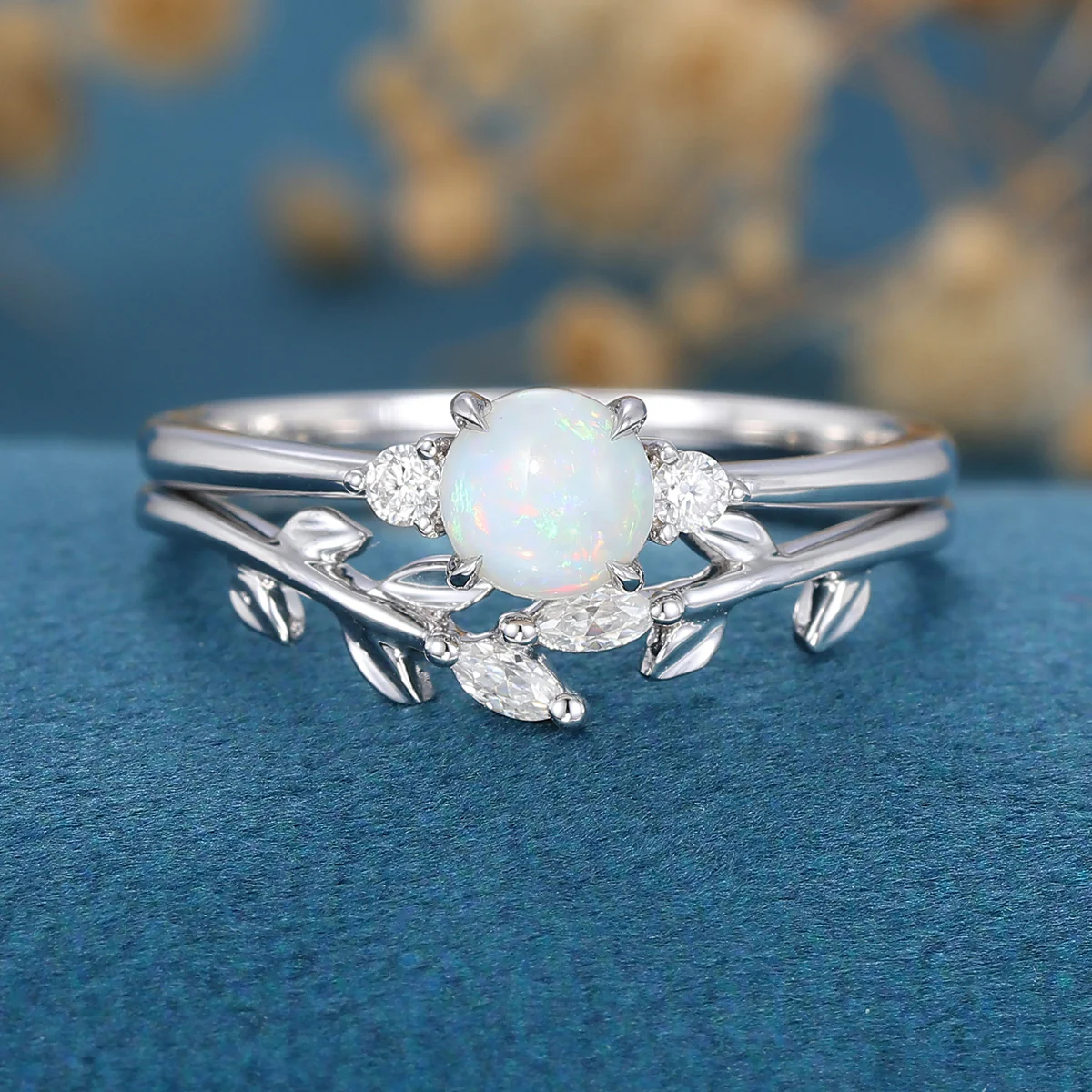 Round cut Opal Engagement ring Bridal Set - Image 3