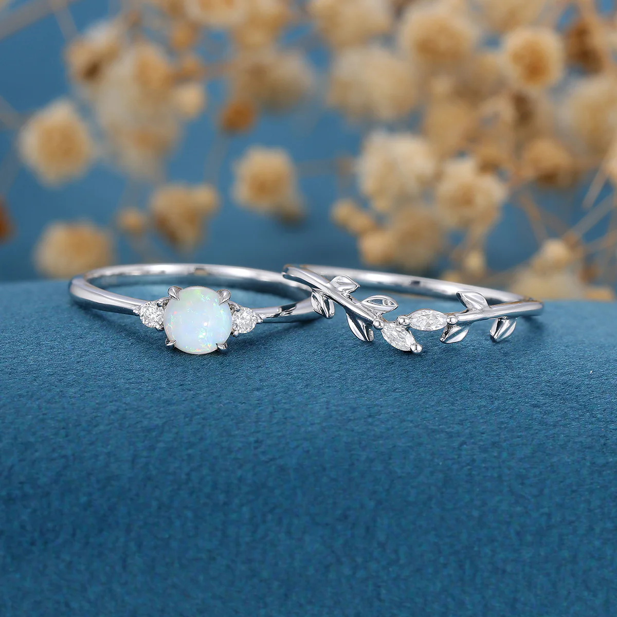 Round cut Opal Engagement ring Bridal Set - Image 4