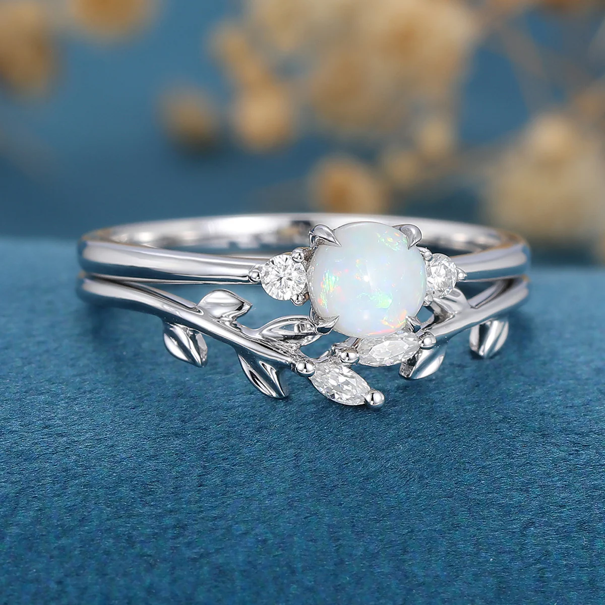 Round cut Opal Engagement ring Bridal Set - Image 5