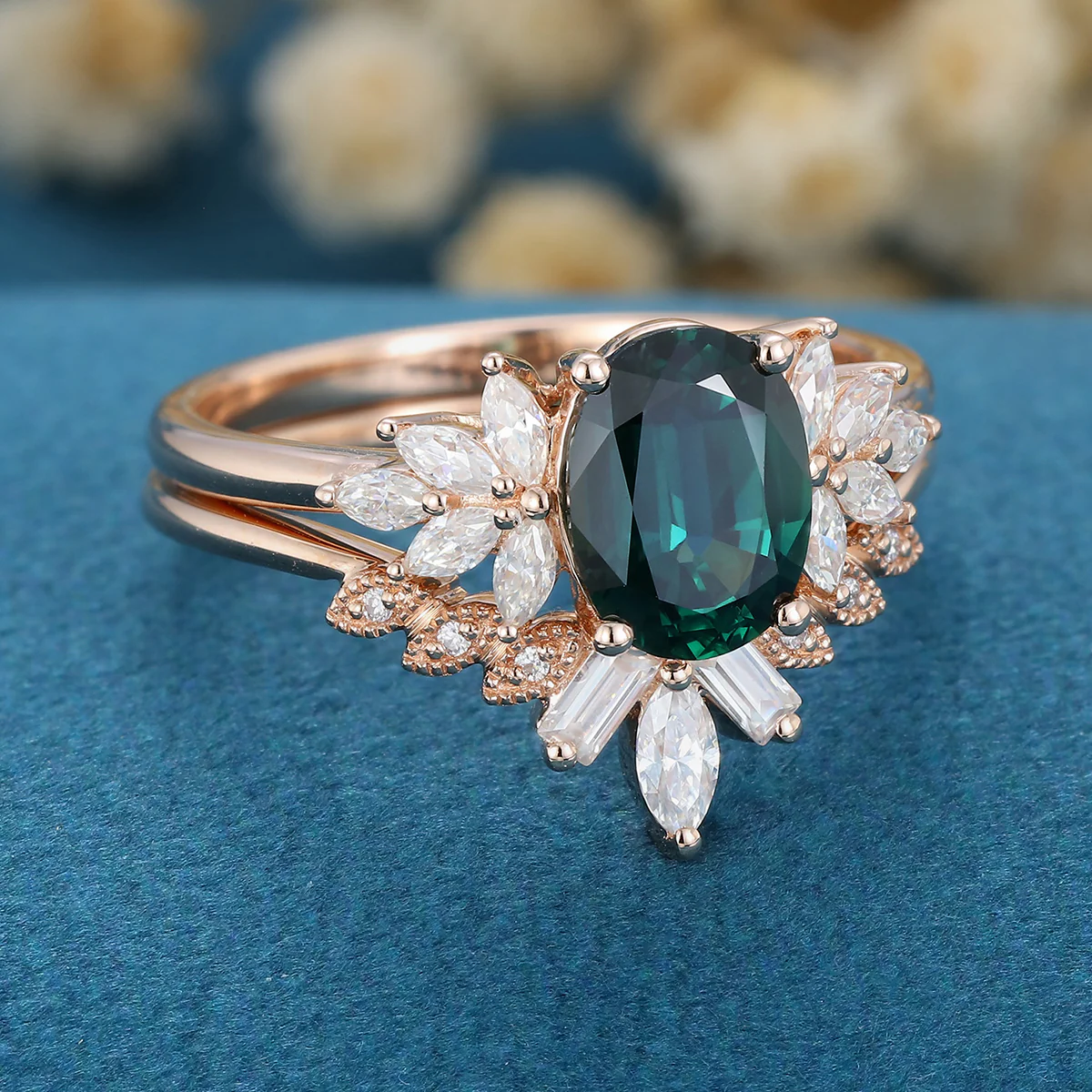 Oval Blue Green Sapphire Cluster Engagement ring Bridal Set - Image 5