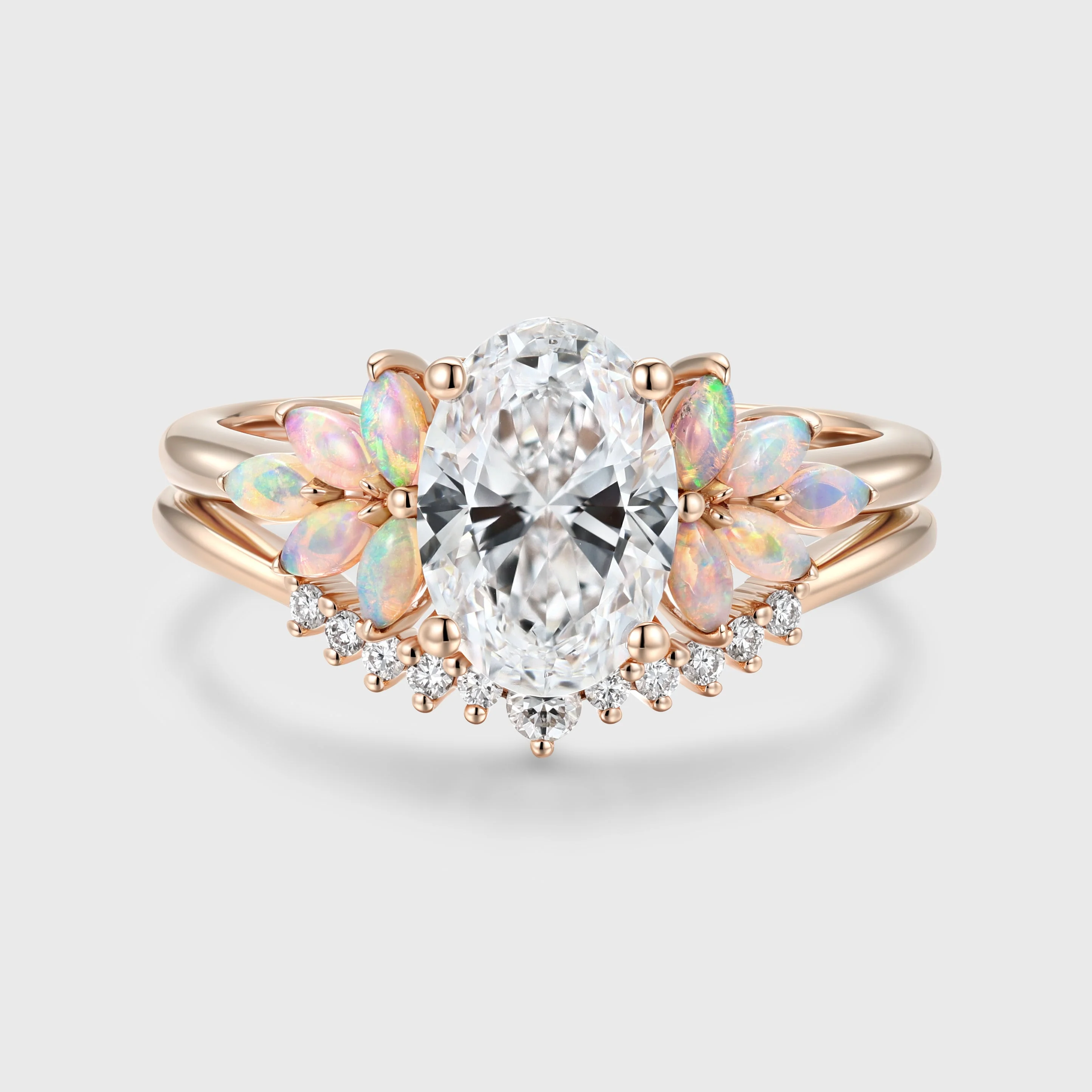 Oval cut Lab-Grown Diamond Engagement ring Rose gold Cluster Opal Curved Diamond Wedding Bridal Set