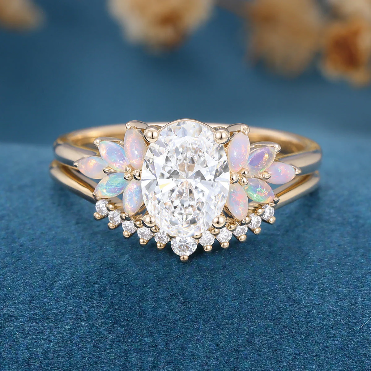 Oval cut Lab-Grown Diamond Engagement ring Rose gold Cluster Opal Curved Diamond Wedding Bridal Set - Image 10