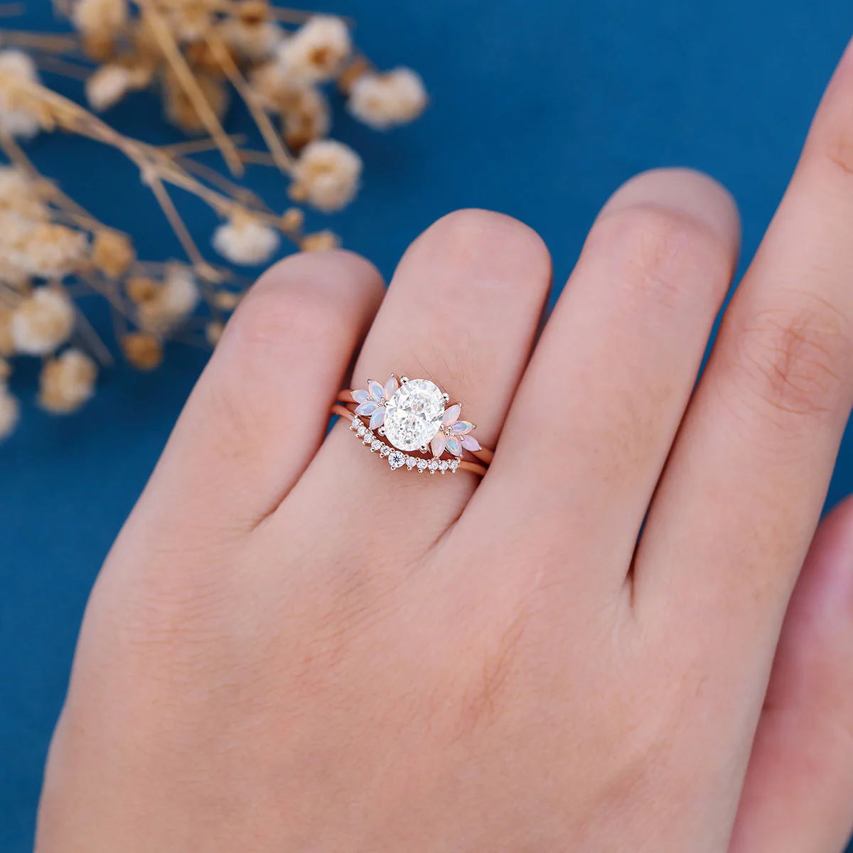 Oval cut Lab-Grown Diamond Engagement ring Rose gold Cluster Opal Curved Diamond Wedding Bridal Set - Image 2