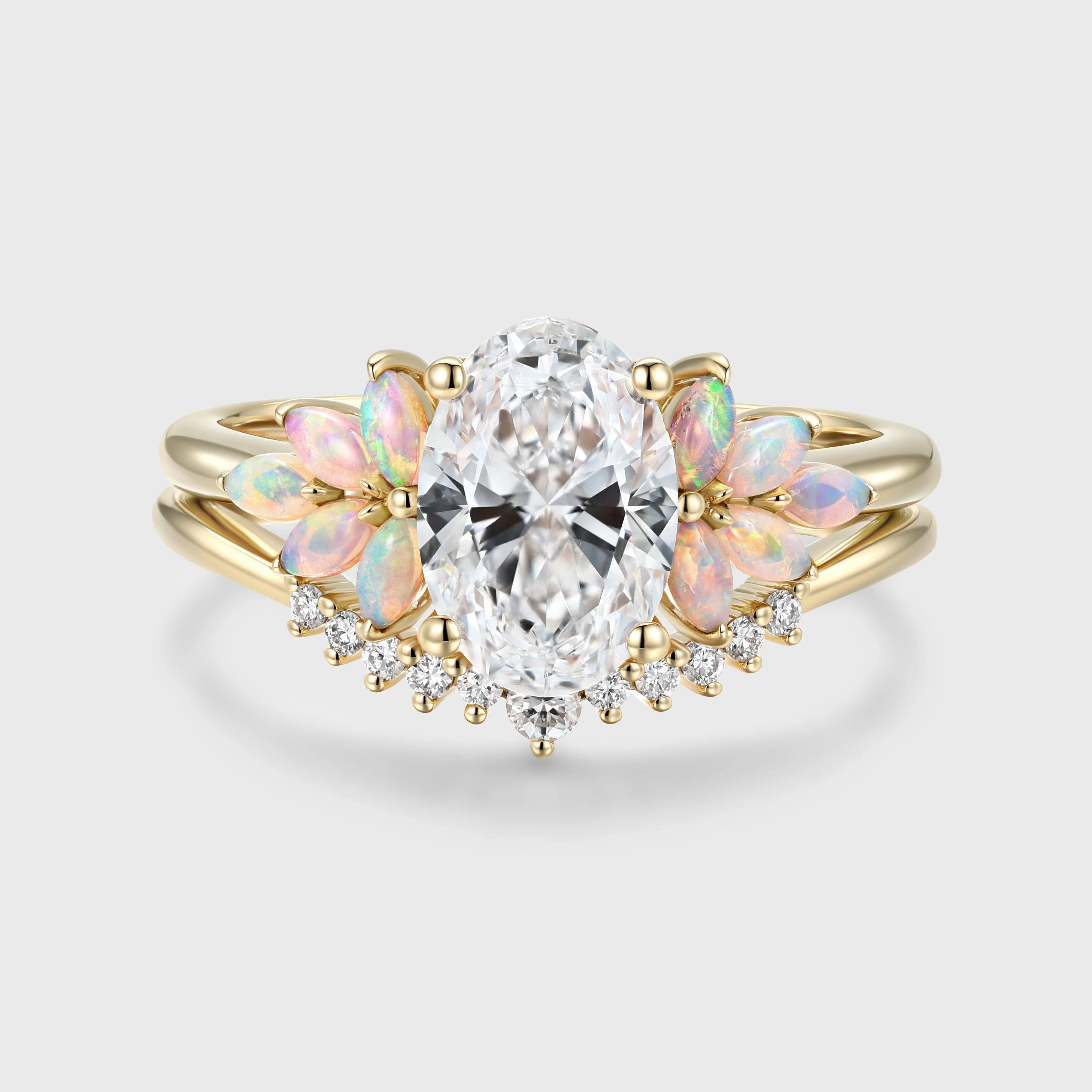 Oval cut Lab-Grown Diamond Engagement ring Rose gold Cluster Opal Curved Diamond Wedding Bridal Set - Image 3