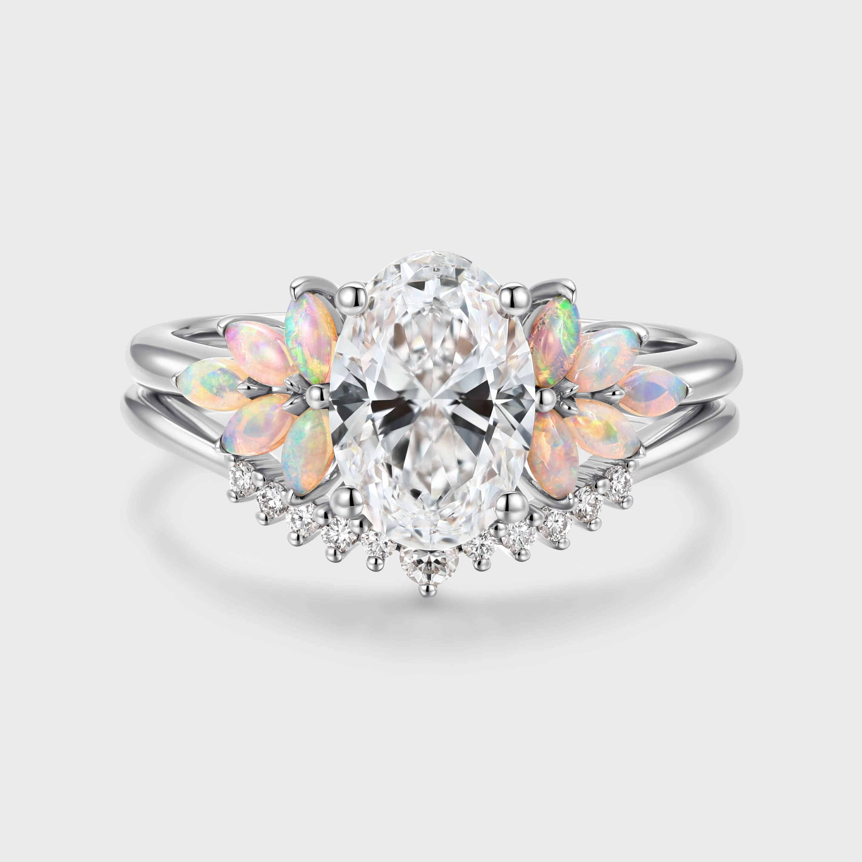 Oval cut Lab-Grown Diamond Engagement ring Rose gold Cluster Opal Curved Diamond Wedding Bridal Set - Image 4