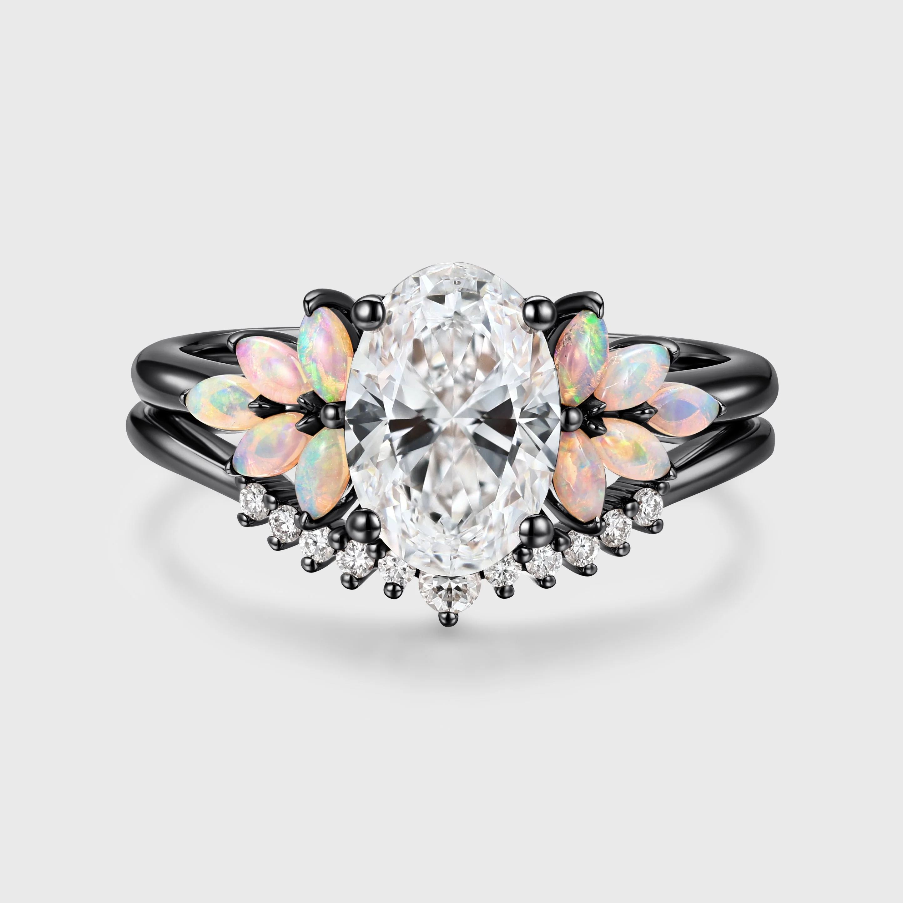 Oval cut Lab-Grown Diamond Engagement ring Rose gold Cluster Opal Curved Diamond Wedding Bridal Set - Image 5