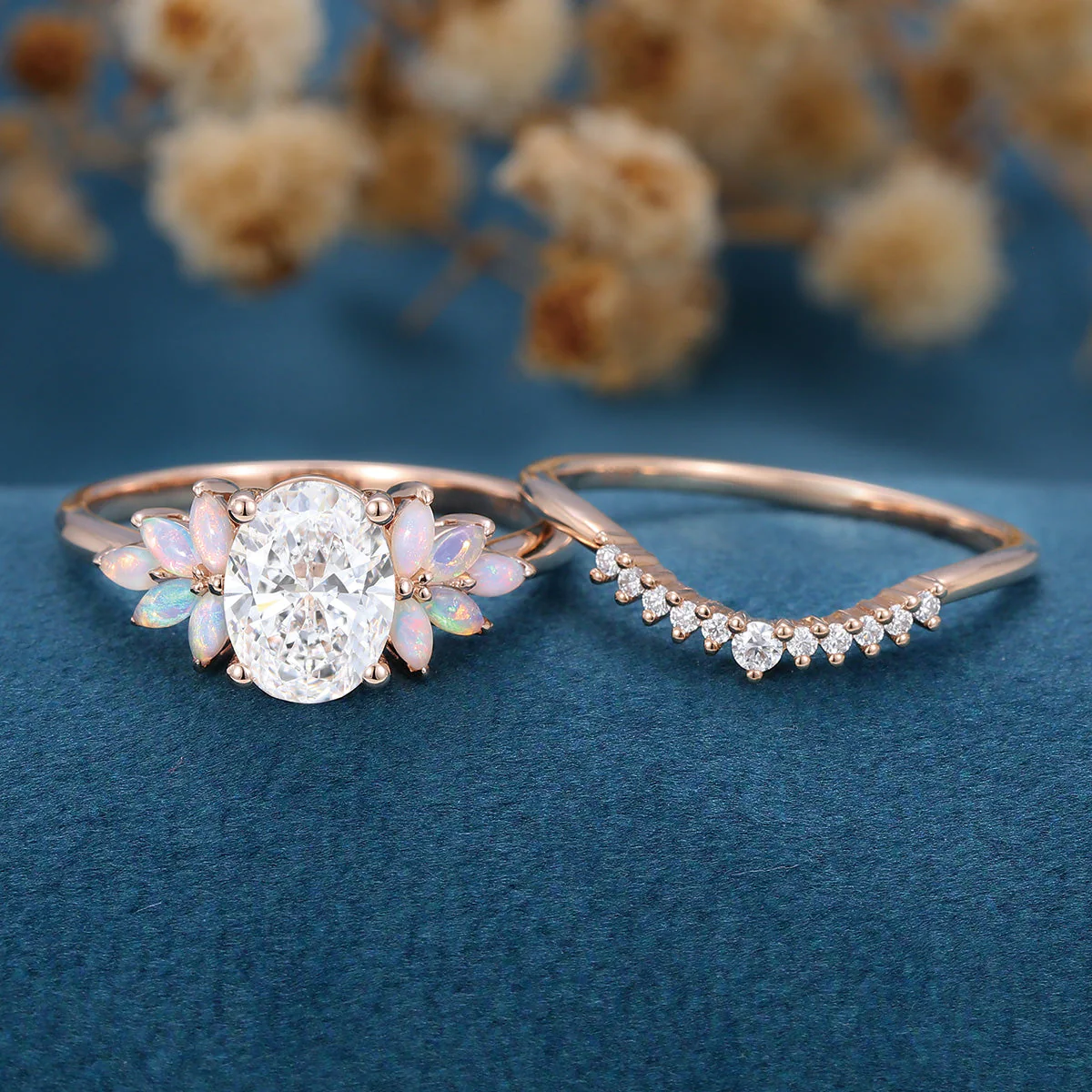 Oval cut Lab-Grown Diamond Engagement ring Rose gold Cluster Opal Curved Diamond Wedding Bridal Set - Image 6