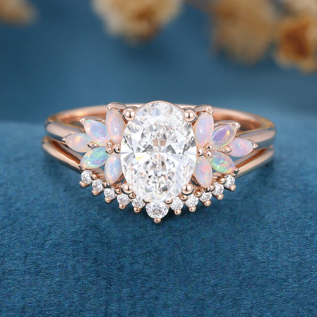 Oval cut Lab-Grown Diamond Engagement ring Rose gold Cluster Opal Curved Diamond Wedding Bridal Set - Image 7