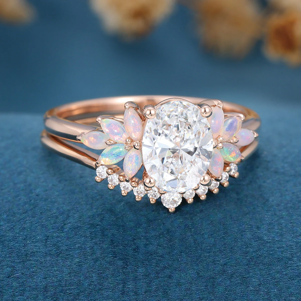 Oval cut Lab-Grown Diamond Engagement ring Rose gold Cluster Opal Curved Diamond Wedding Bridal Set - Image 8