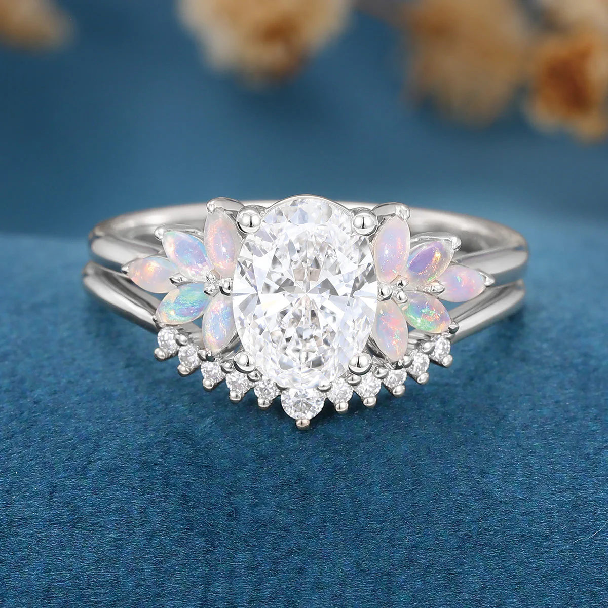 Oval cut Lab-Grown Diamond Engagement ring Rose gold Cluster Opal Curved Diamond Wedding Bridal Set - Image 9