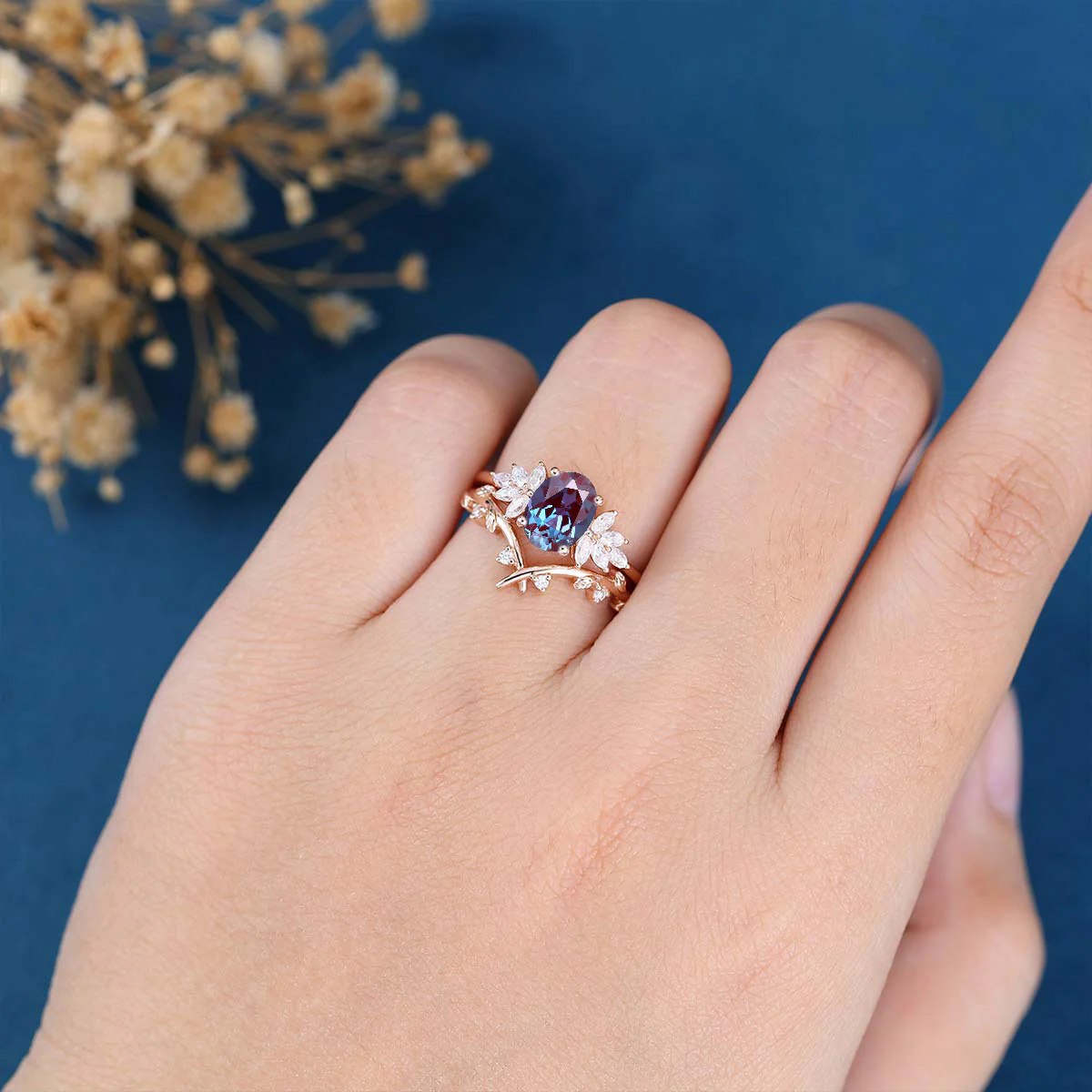 Oval cut Lab Alexandrite Cluster Engagement Ring Bridal Set - Image 2