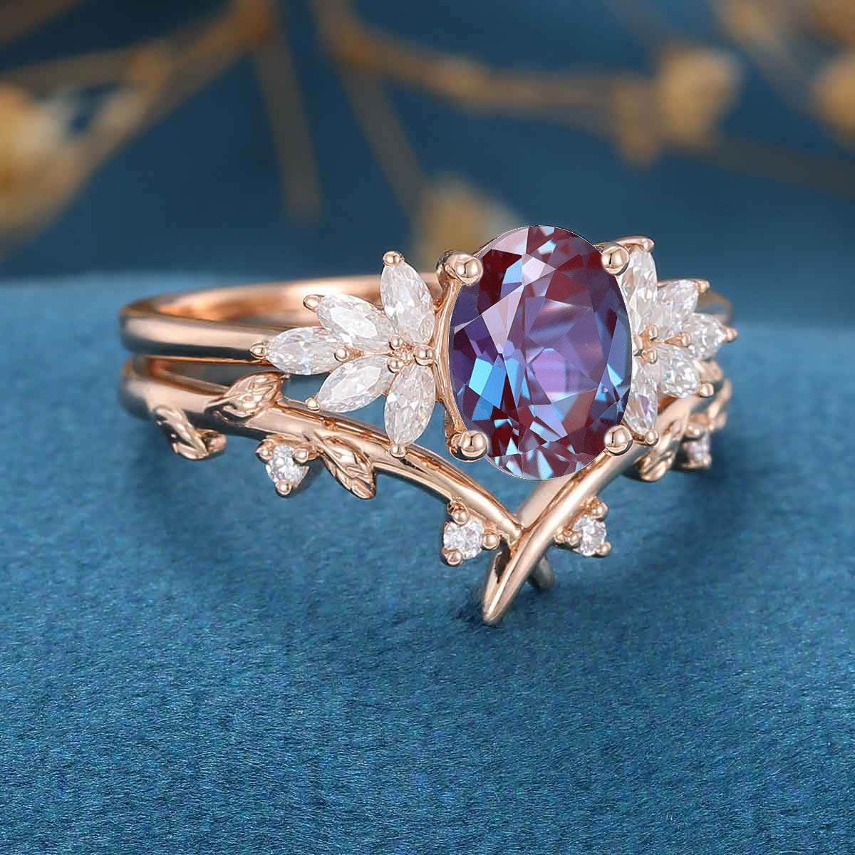 Oval cut Lab Alexandrite Cluster Engagement Ring Bridal Set - Image 5